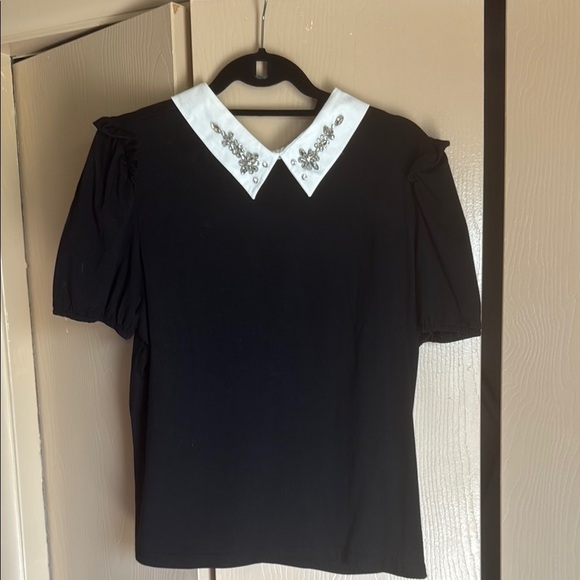 Embellished Black Top with White Collar - Picture 1 of 8